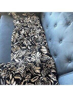 Blu Pepper Dress Maxi Sleeveless Sz S Ruffle Lined Black White Tropical Floral